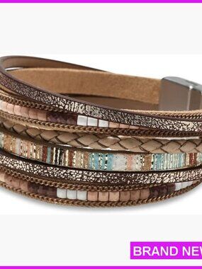 Leather Wrap Bracelet Boho Leopard Crystal Beads Cuff Jewelry Women